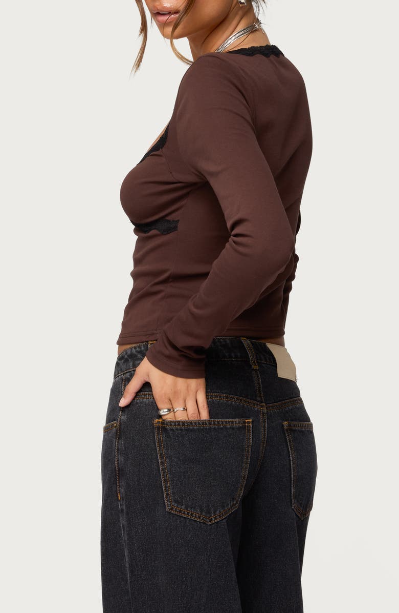 EDIKTED Porta Contrast Lace Crop Top, Alternate, color, Brown