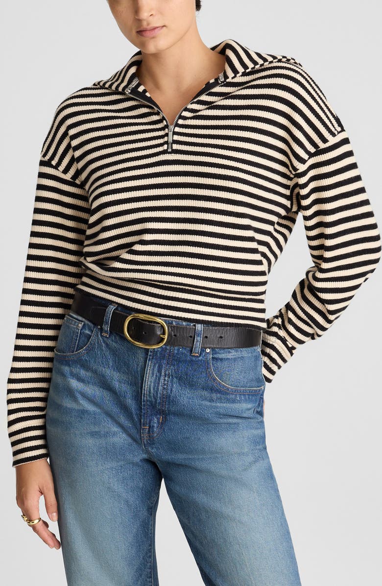 Madewell Stripe Half Zip Top, Main, color, Jet Black