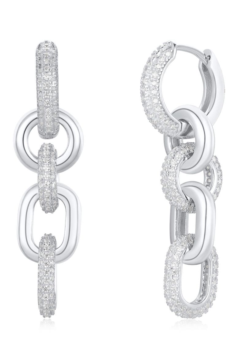 Pavé Cubic Zirconia Chain Drop Huggie Hoop Earrings, Main, color, SILVER