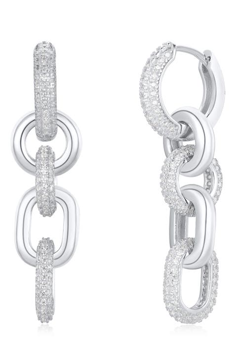 Pavé Cubic Zirconia Chain Drop Huggie Hoop Earrings