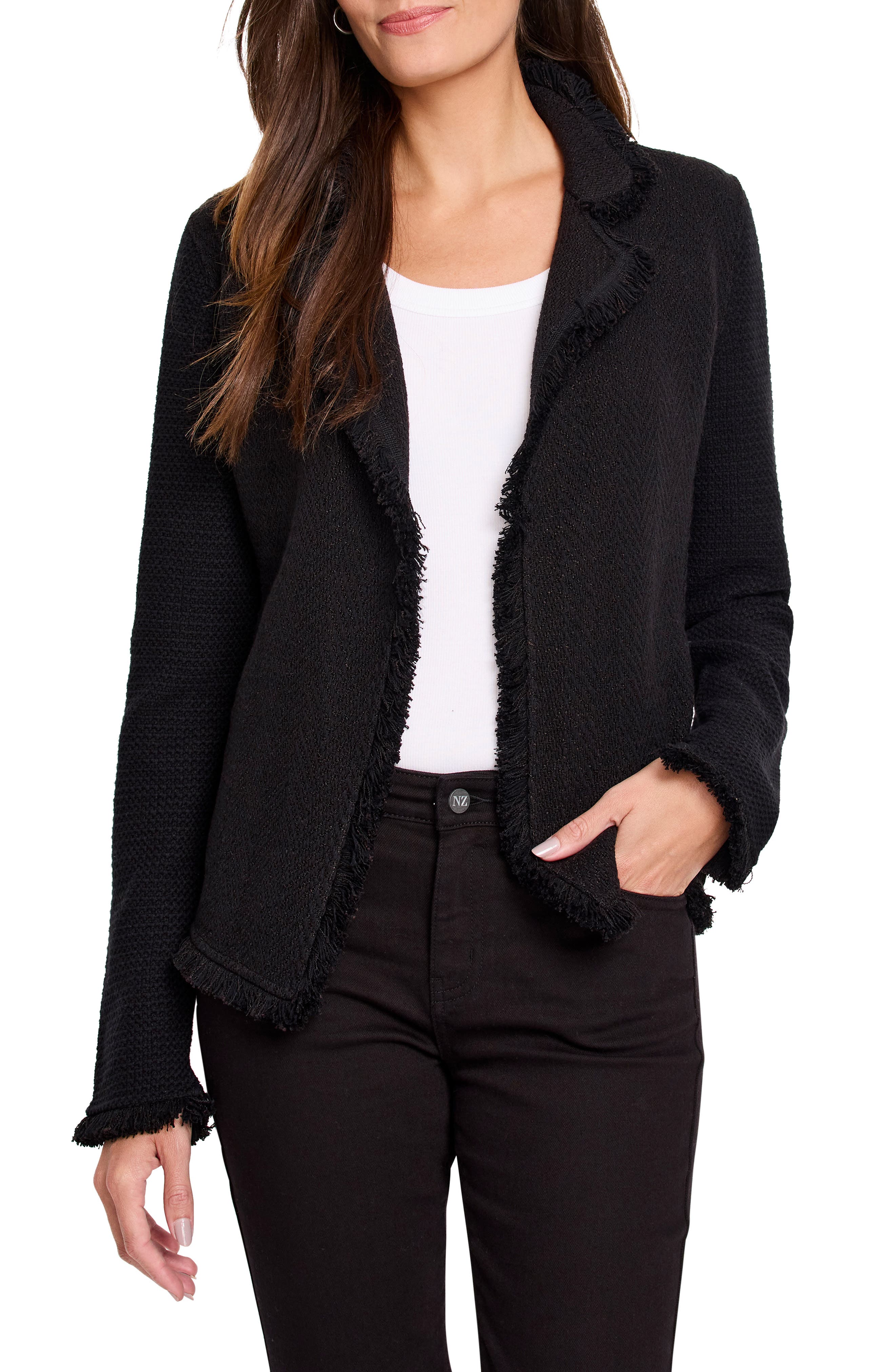 NIC+ZOE Fringe Knit Jacket in Black Onyx