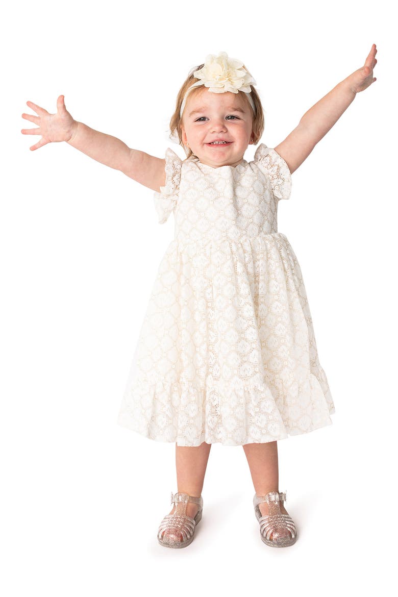 Ruffle Sleeve Lace Overlay Dress, Main, color, WHITE