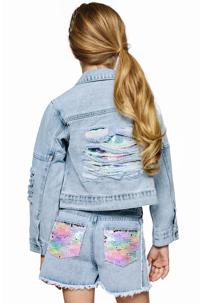 Kids' Sequin Distressed Denim Jacket, Alternate, color, DENIM BLUE