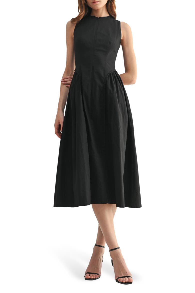 Front Zip Sleeveless Fit & Flare Midi Dress, Main, color, BLACK