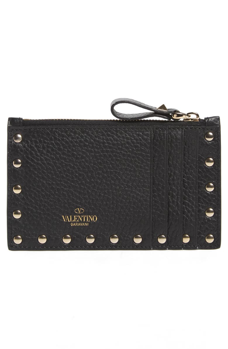 Valentino Garavani Rockstud Leather Zip Card Case, Alternate, color, 