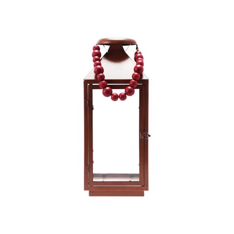 Metal & Glass Lantern with Wood Bead Handle, Black & Red
