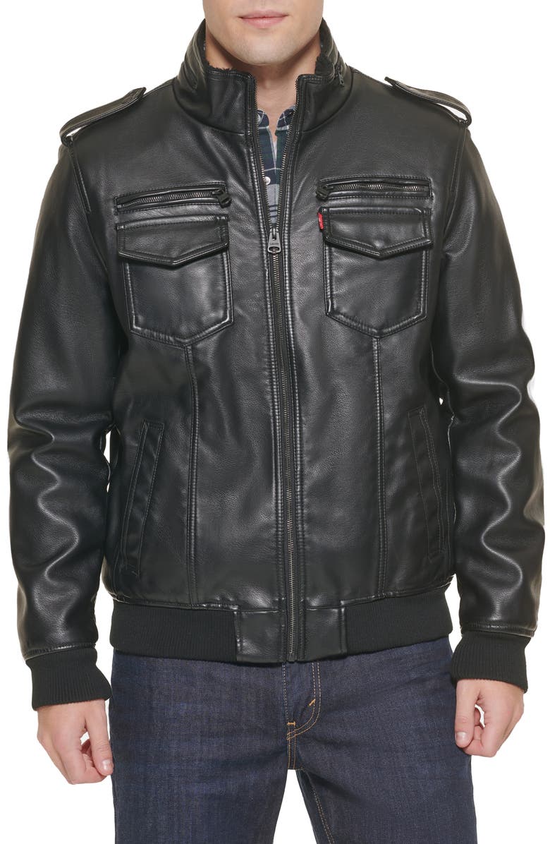 Levi's<sup>®</sup> Faux Leather Faux Shearling Lined Aviator Bomber Jacket, Main, color, Black