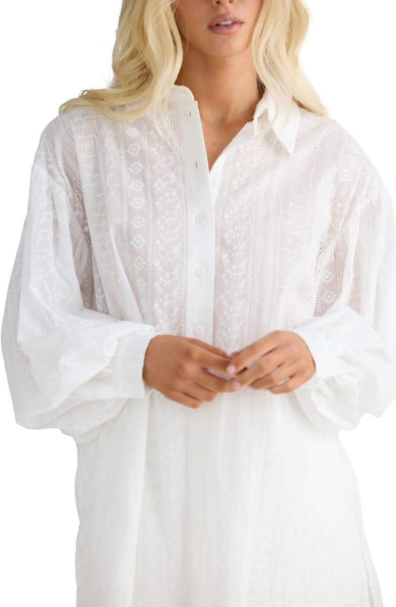 Talisman the Label Dahlia Oversize Ladder Stitch Broderie Button-Up Shirt, Alternate, color, White Broderie