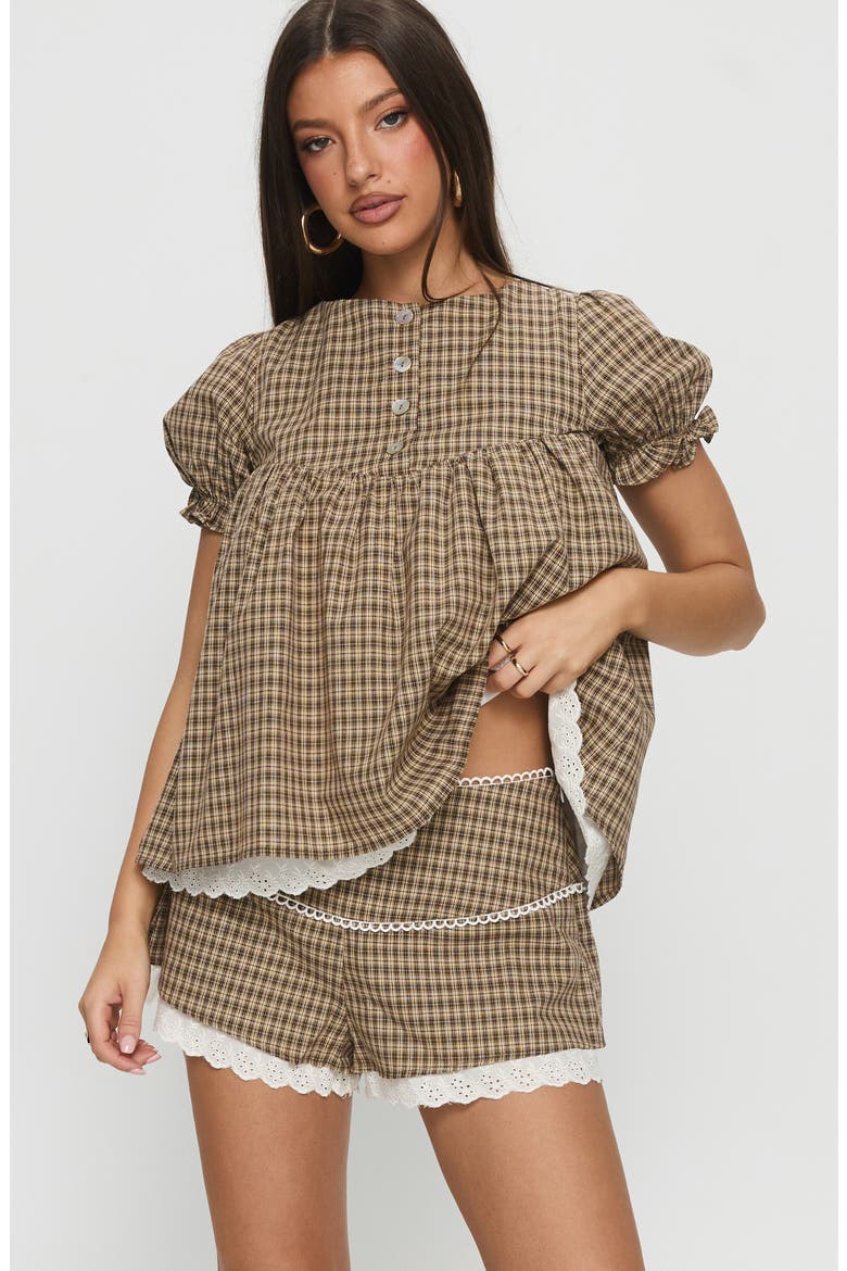Chandelier Check Babydoll Top, Alternate, color, BROWN CHECK