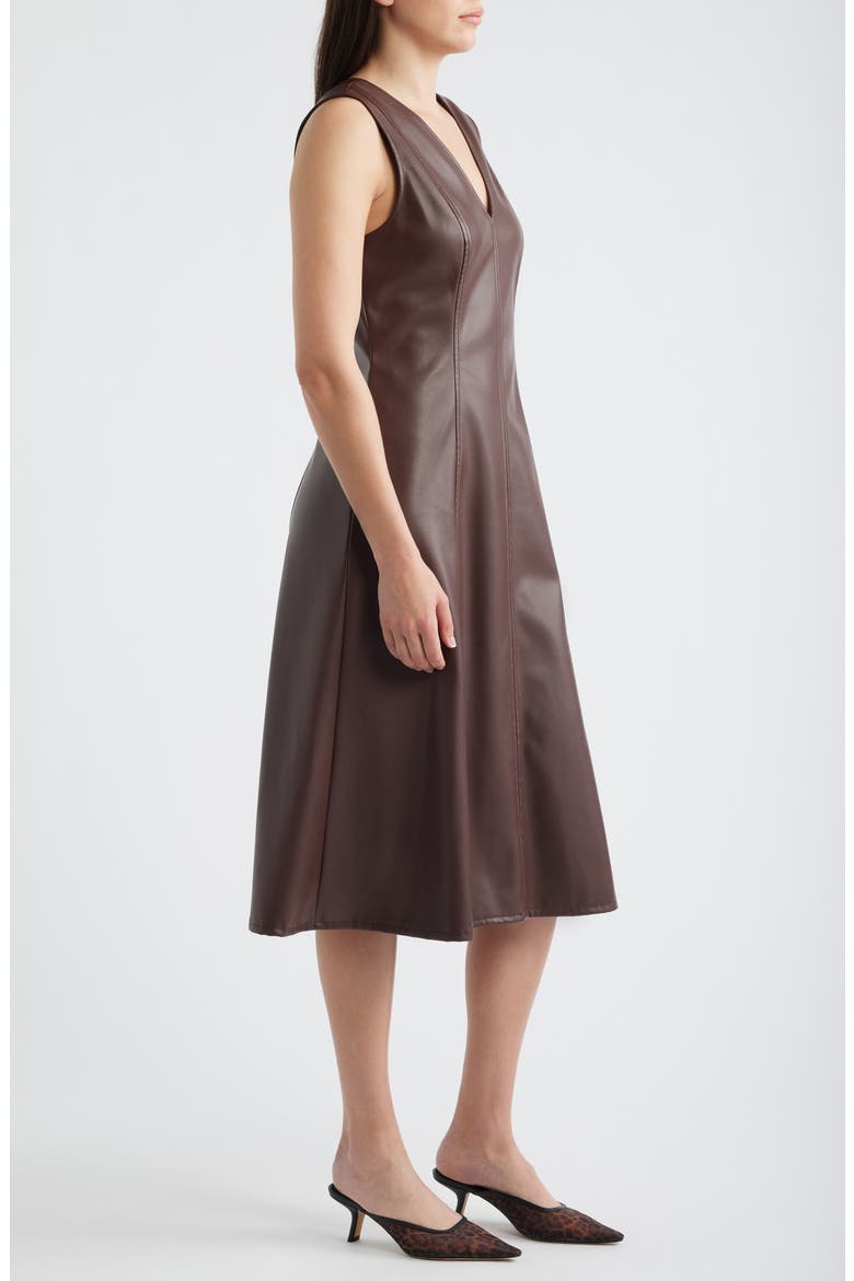 V-Neck Faux Leather Fit & Flare Midi Dress, Alternate, color, FRENCH ROAST