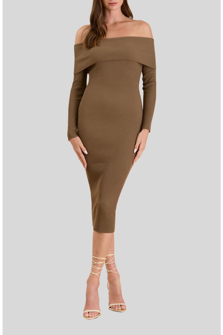 Off the Shoulder Midi Sweater Dress, Main, color, BROWN