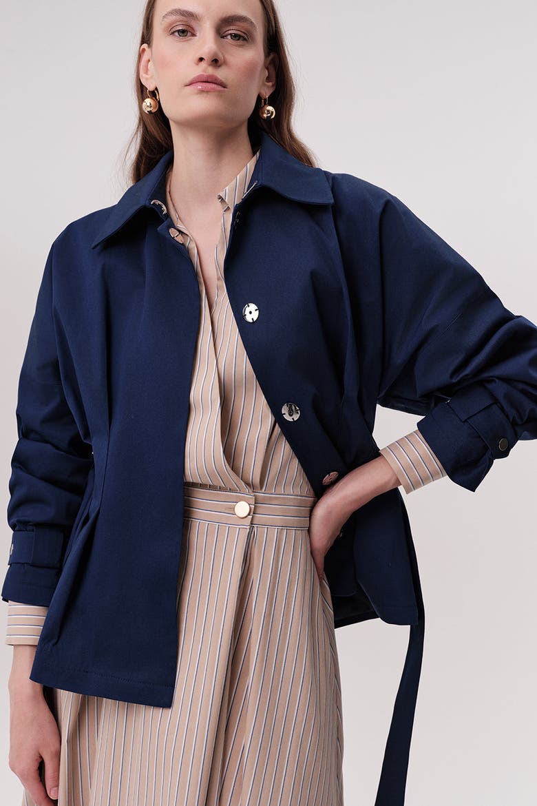 Kelly Notched Collar Pleated Belted Trench Coat, Alternate, color, Navy