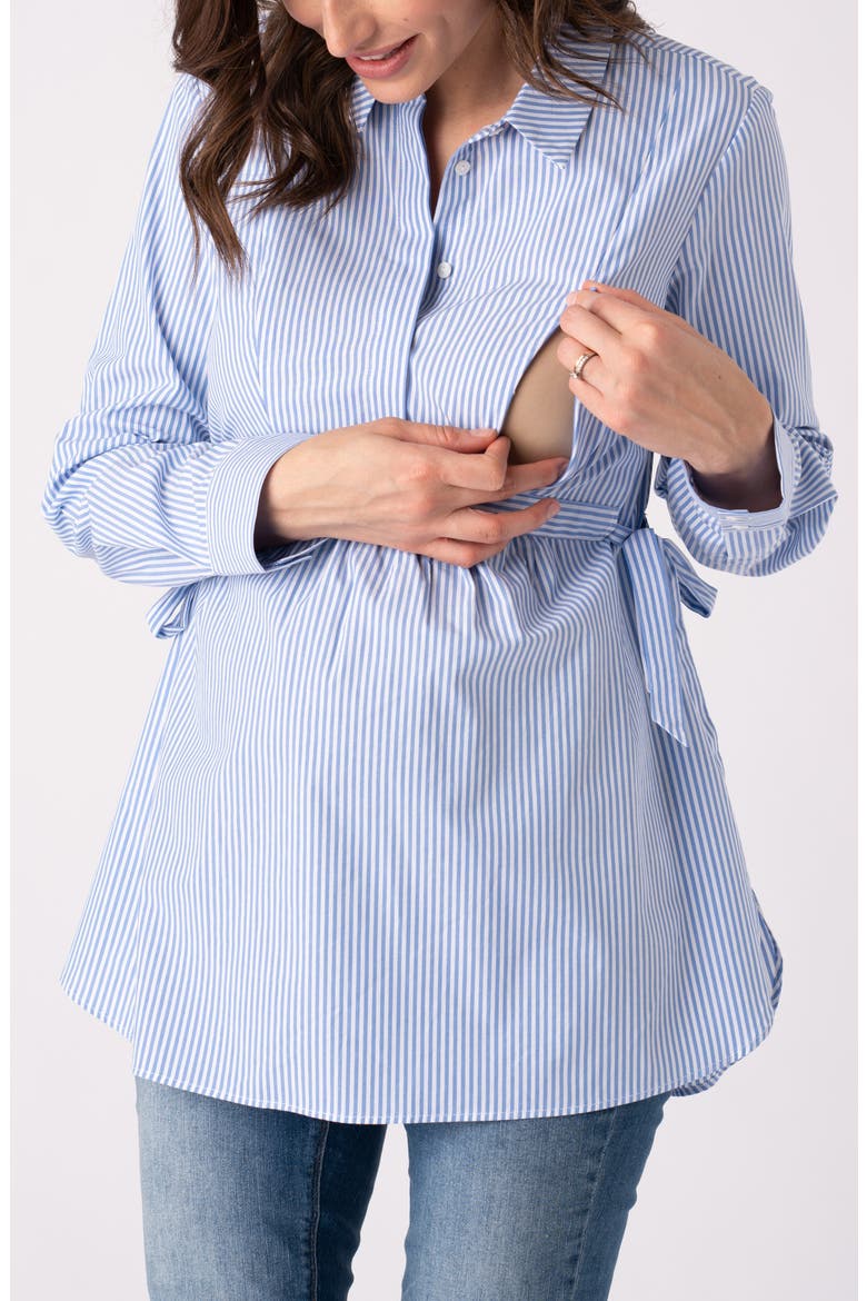 Stripe Tie Belt Long Sleeve Maternity Shirtdress, Alternate, color, DARK BLUE