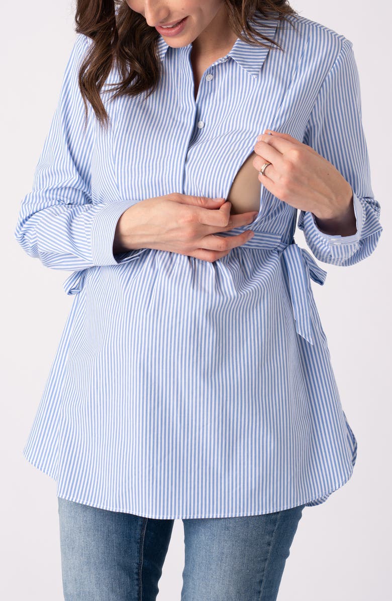 Seraphine Stripe Tie Belt Long Sleeve Maternity Shirtdress, Alternate, color, 