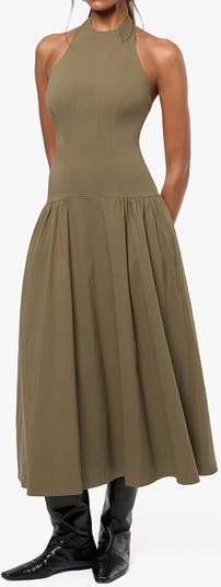 white striped midi dress Dimarco Striped Pocketed Belted Midi Dress in Black/Taupe