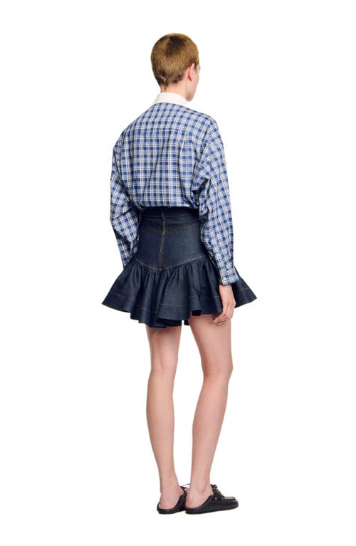 Sandro Short Denim Ruffled Skirt In Blue