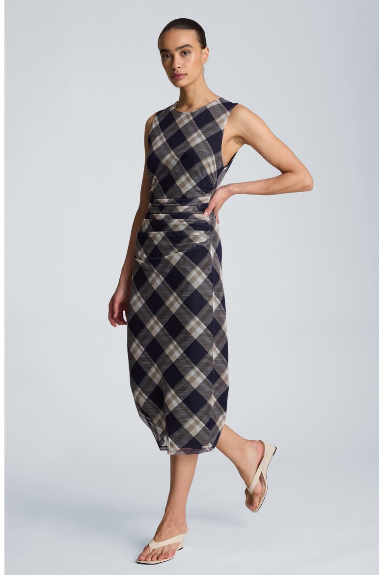 Ruched Plaid Midi Dress, Alternate, color, DARK NAVY MULTI