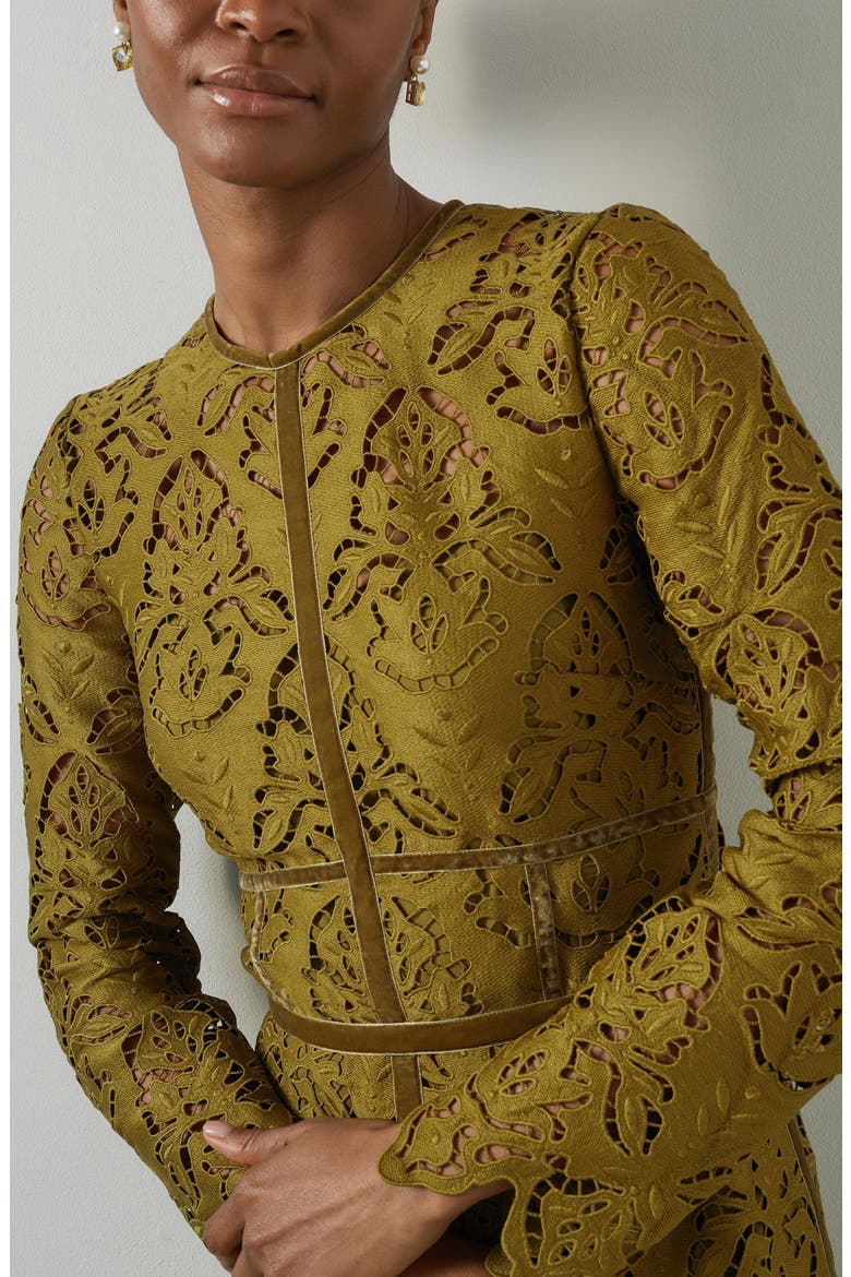 Gracie Velvet Trim Lace Long Sleeve Midi Dress, Alternate, color, GREEN
