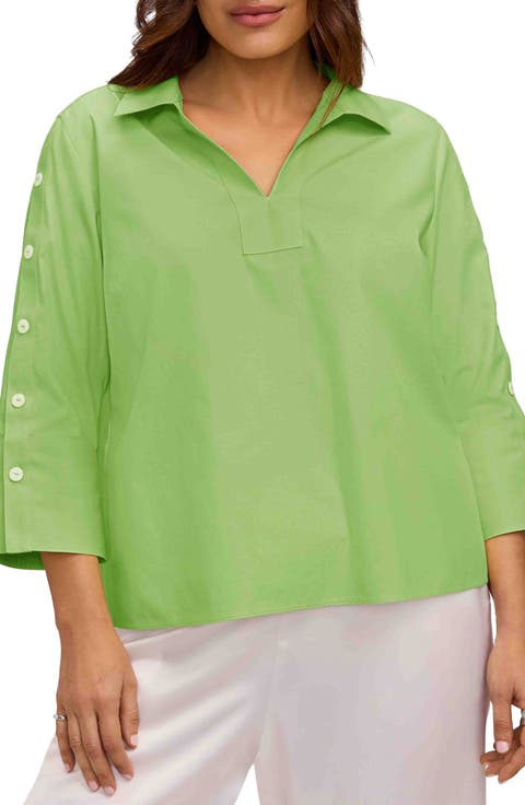 Lainey Button Accent Cotton Popover Top (Plus)