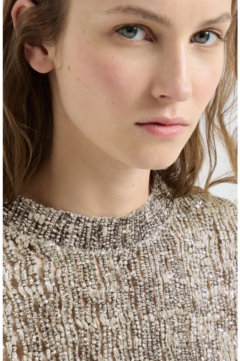 Dazzling craquelé embroidery t-shirt in mohair and wool, Alternate, color, Silver