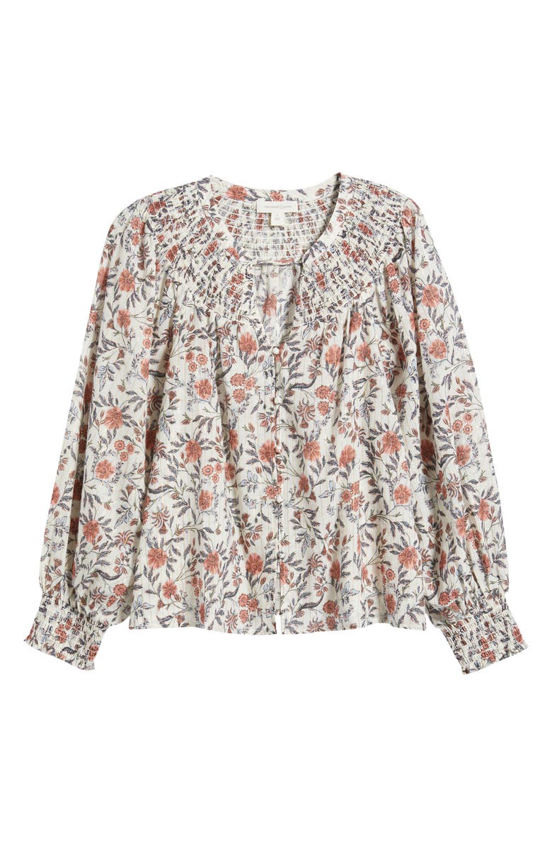 Treasure & Bond Print Smocked Yoke Button-Up Shirt, Alternate, color, Ivory- Pink Fleurette