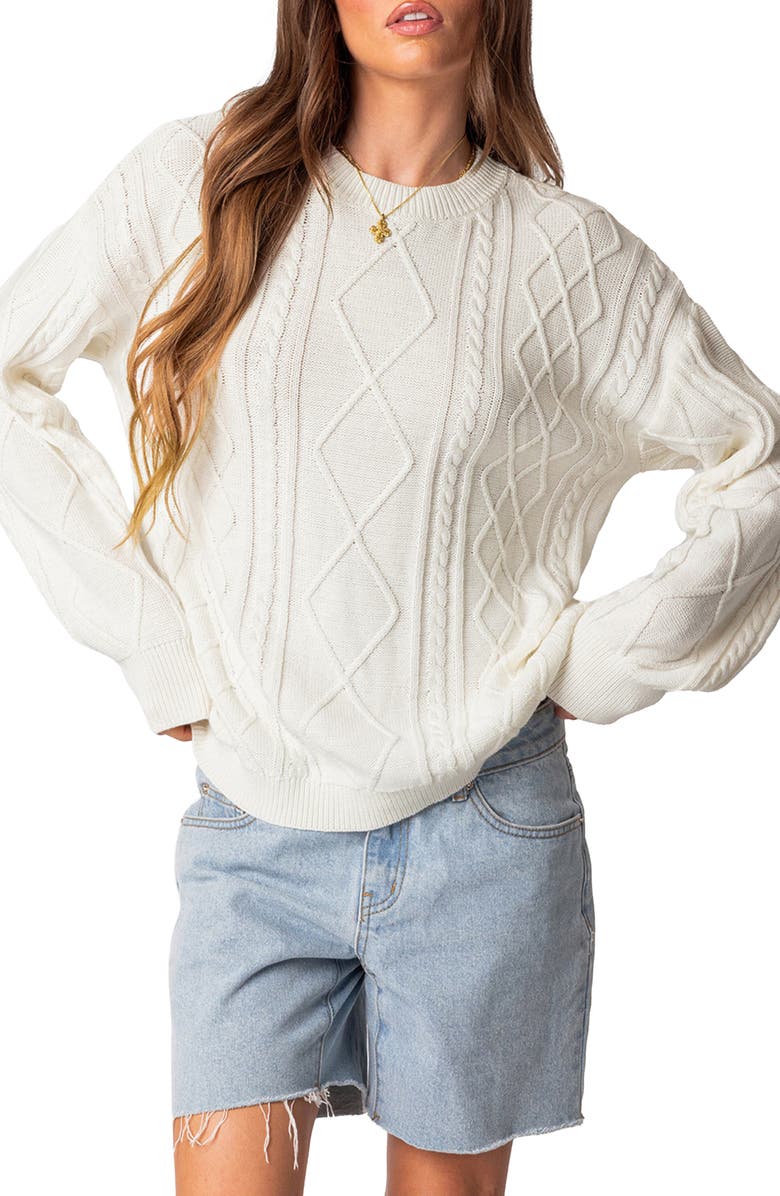 EDIKTED Jessy Oversize Cotton Cable Stitch Sweater, Main, color, Cream