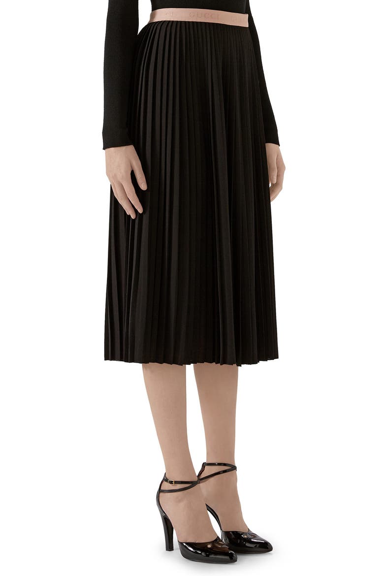 Logo Waist Pleated Wool Crepe Midi Skirt, Alternate, color, BLACK/ MIX