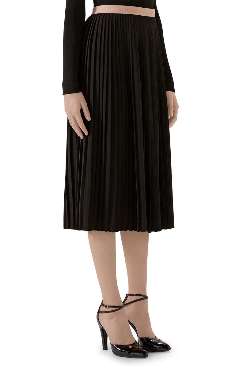 Gucci Logo Waist Pleated Wool Crepe Midi Skirt, Alternate, color,