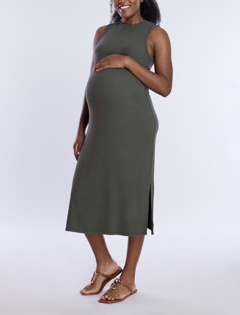 Crew Neck Rib Knit Sleeveless Midi Dress