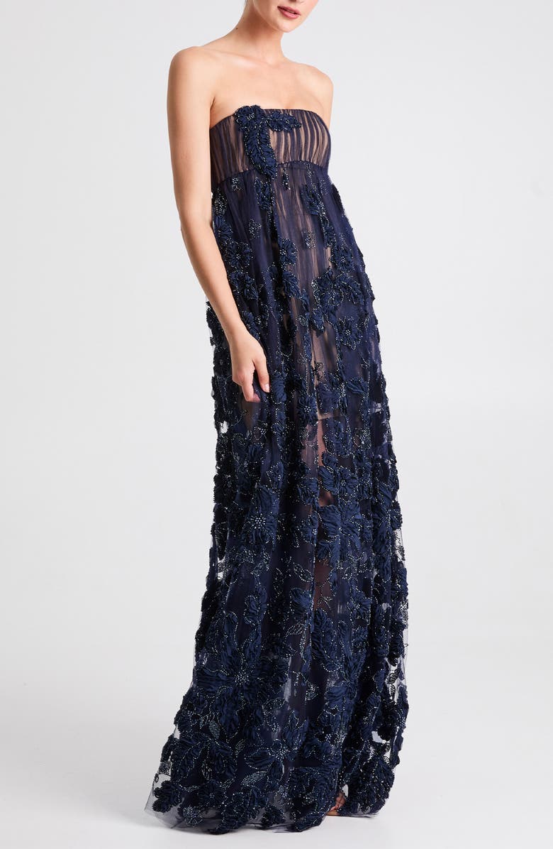 HELSI Beatrice Strapless 3D Embellished Floral Sheer Gown, Alternate, color, Midnight Blue