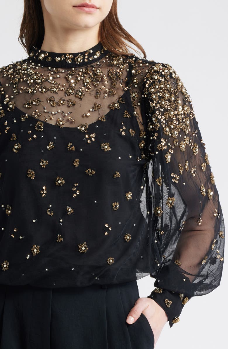 FARM Rio Embroidered Tulle Bubble Top, Alternate, color, Black