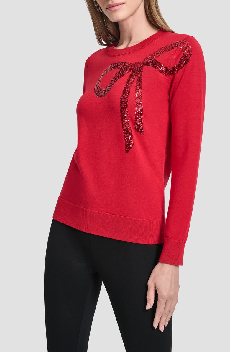 DKNY Sequin Bow Embellished Crewneck Sweater, Alternate, color, City Crimson