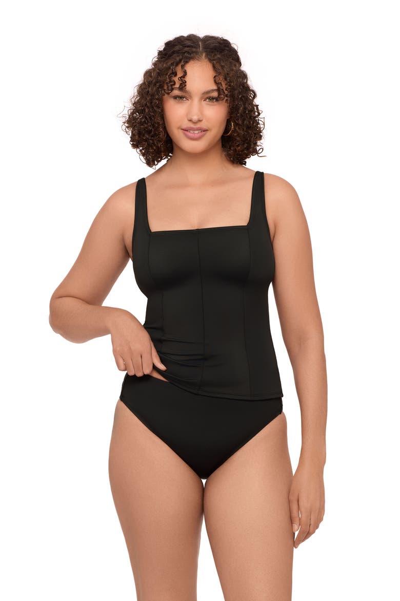 Supportive and Sculpting Square Neck Lace Back Tankini Swimsuit Top, Alternate, color, Onyx Black