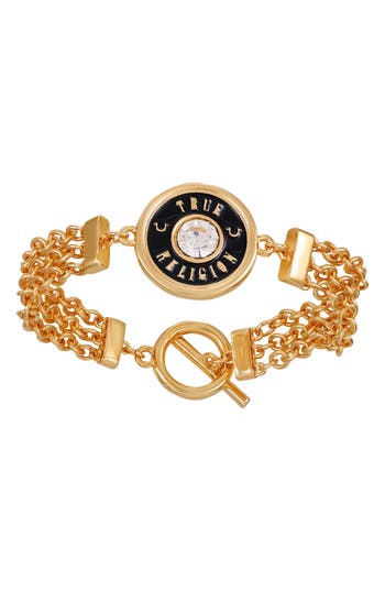 True Religion Logo Medallion Toggle Bracelet In Goldtone/jet