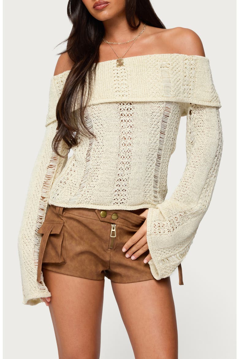 Distressed Foldover Off the Shoulder Sweater, Main, color, CREAM