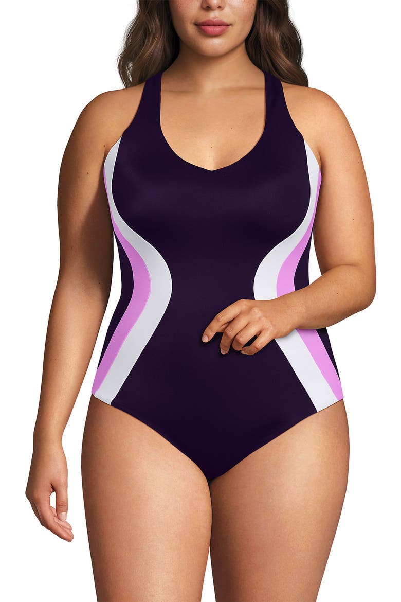 Tugless Contour One Piece, Main, color, Blackberry/Pink Colorblock