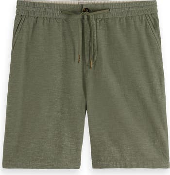 Flat Front Slub Cotton & Linen Twill Drawstring Bermuda Shorts