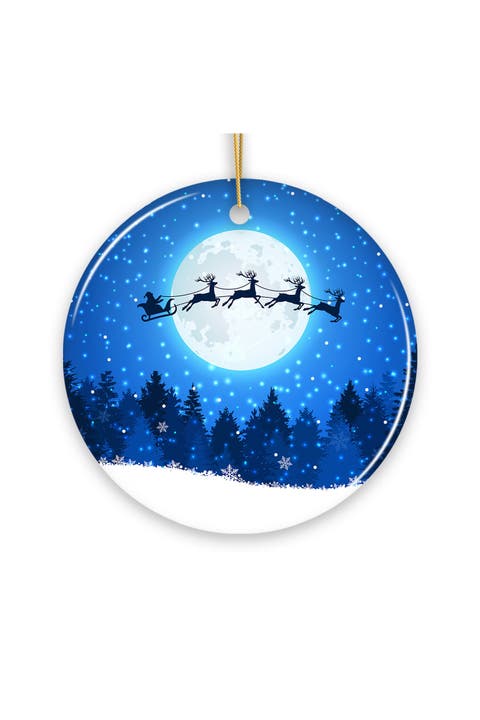 Santa Sleigh Moonlit Forest Ceramic Ornament