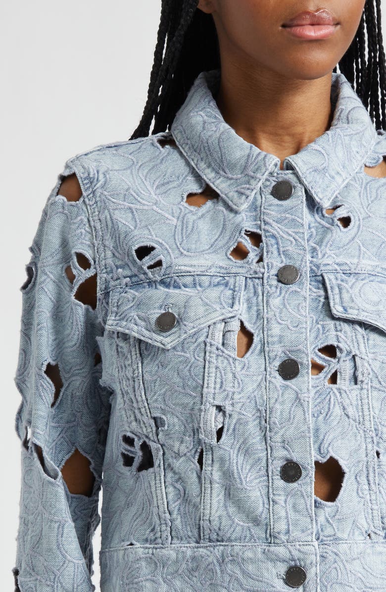 Alice + Olivia Chloe Eyelet Embroidered Denim Jacket, Alternate, color, Rockstar Blue