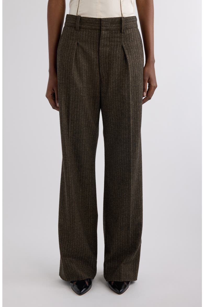 Lisetta Pinstripe Pleated Wide Leg Wool Blend Trousers, Main, color, DARK KHAKI