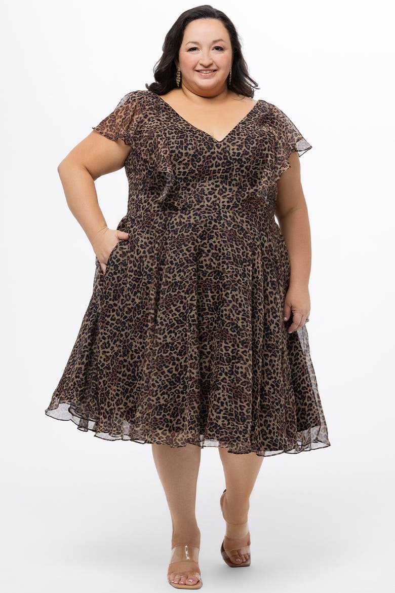 V-Neck Flutter Sleeve Plus Size Animal Print Dress, Alternate, color, Animal Print