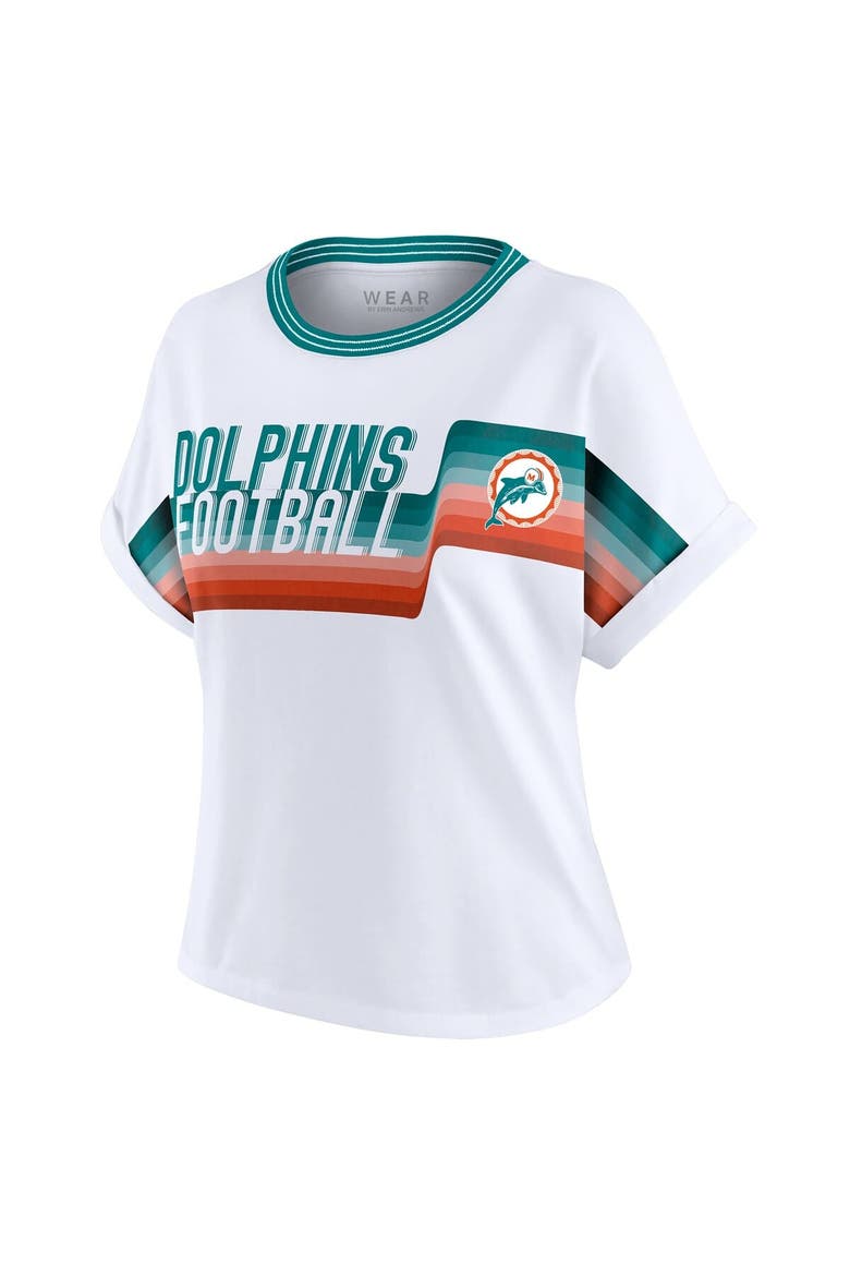 Women's WEAR by Erin Andrews White Miami Dolphins Cropped Center Stripe Dolman T-Shirt, Alternate, color, White