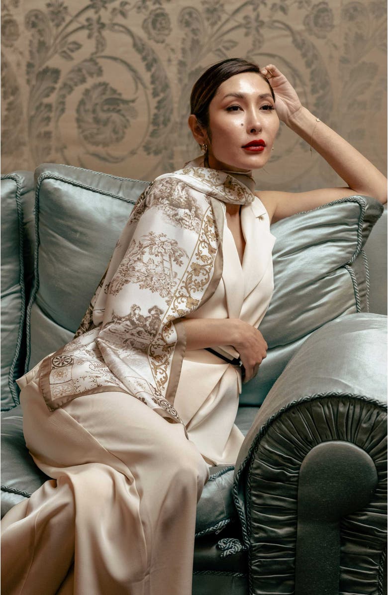 Elizabetta Toile - Long Silk Scarf for Women, Alternate, color, Tan