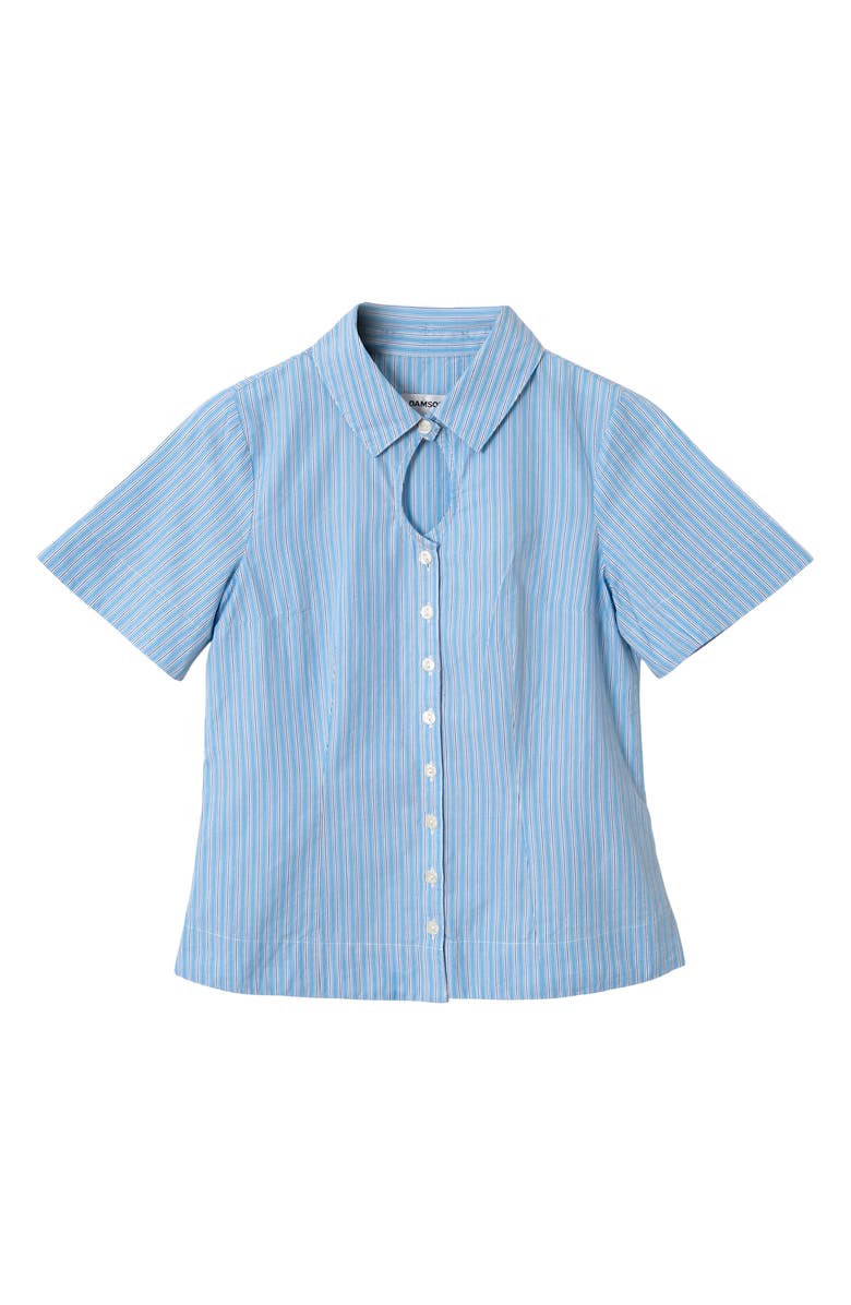 Damson Madder Ebba Pinstripe Keyhole Organic Cotton Button-Up Shirt, Main, color, Blue