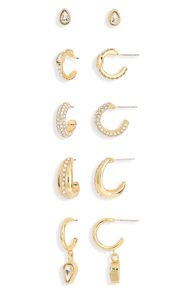 Pavé Crystal Set of 5 Earrings, Alternate, color, GOLD