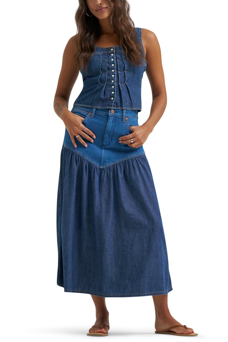 Pleated Denim Corset Tank, Alternate, color, LONE RIDER