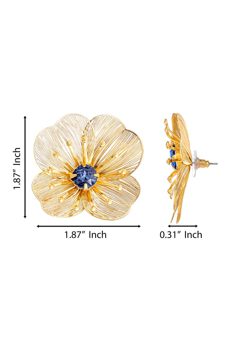 Gold-Tone Filigree Flower Stud Earrings with Blue Crystal Center, Alternate, color, Gold