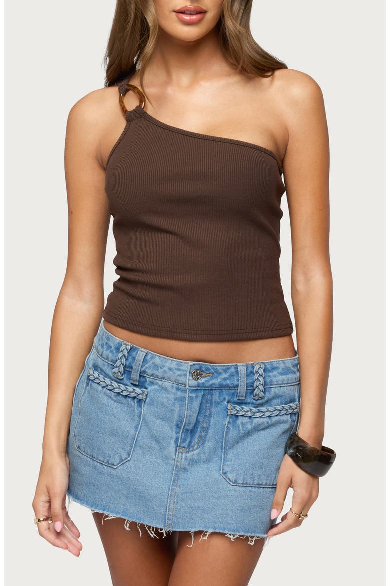 Calista O-Ring One-Shoulder Rib Crop Top, Main, color, BROWN