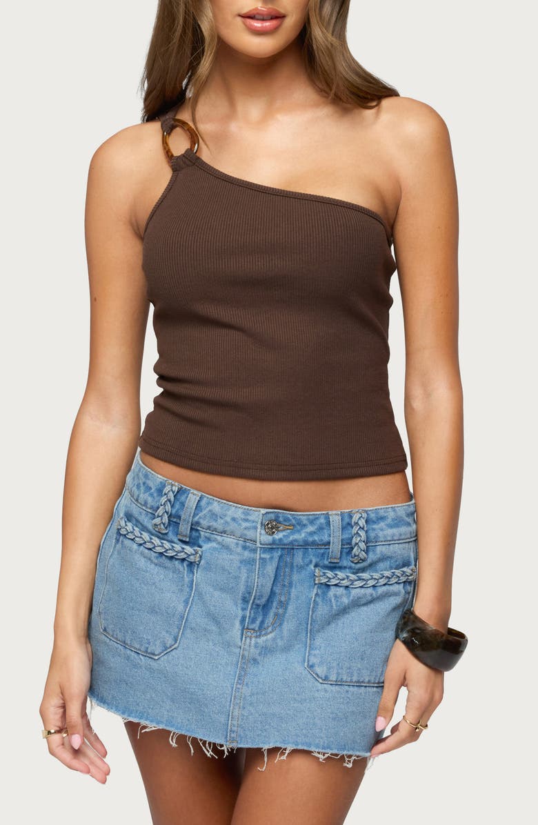 EDIKTED Calista O-Ring One-Shoulder Rib Crop Top, Main, color, Brown