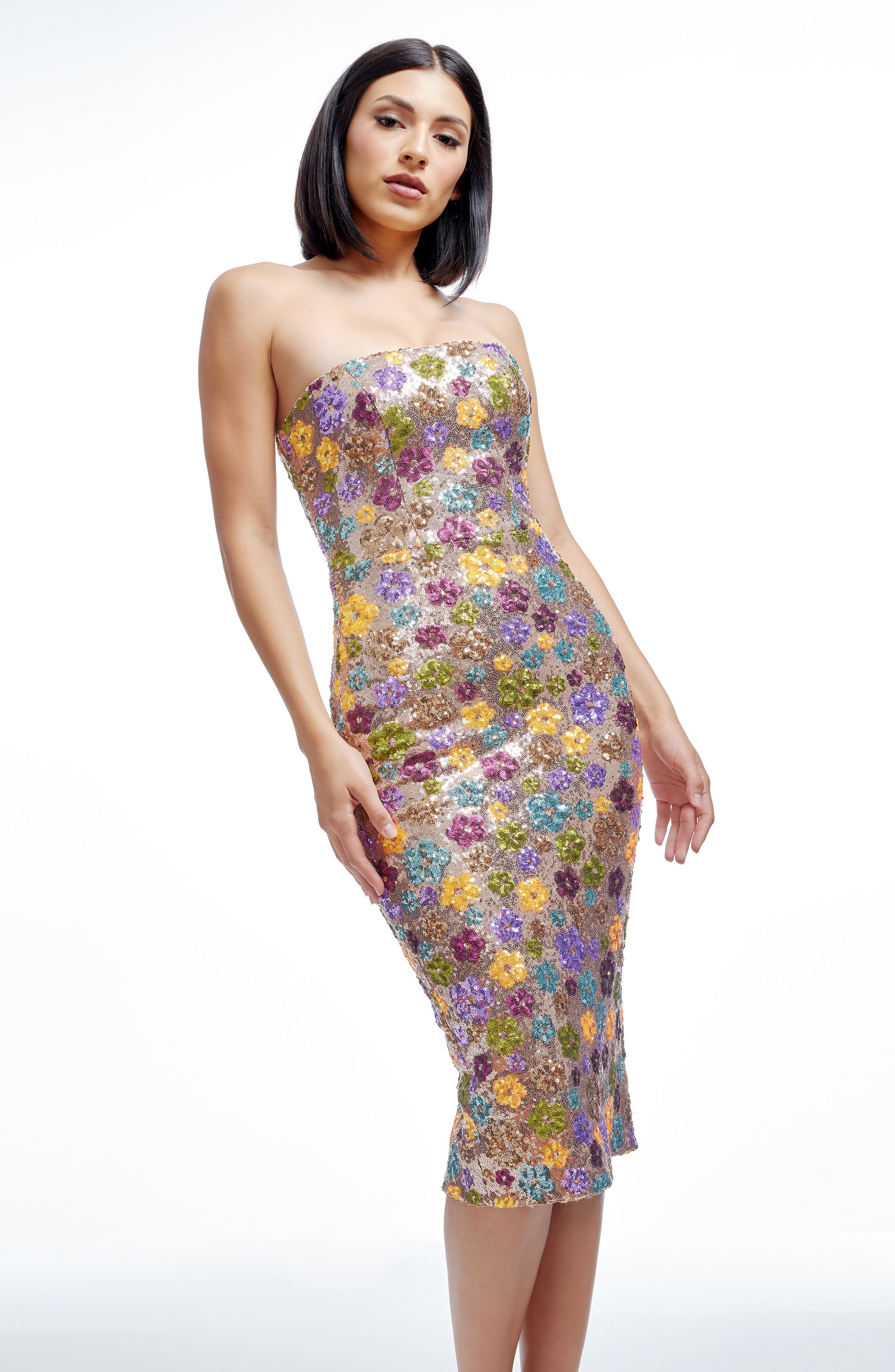dress the population viviana strapless sequin dress Dress the Population Viviana Fringe Trim Dress - Silver-bla